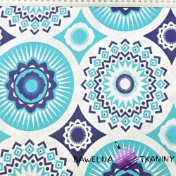 Cotton pattern of turquoise mandalas on a white background