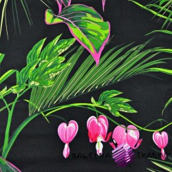 Cotton flowers in pink hearts with green leaves on black - 220cm