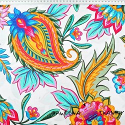 Cotton pattern of colourful oriental flowers on white - 220cm