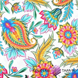 Cotton pattern of colorful oriental flowers on white - 220cm