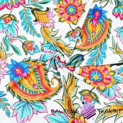 Cotton pattern of colorful oriental flowers on white