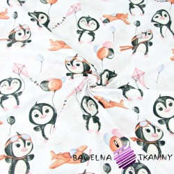 Cotton penguins with pink-brown balloons on a white background