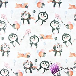 Cotton penguins with pink-brown balloons on a white background