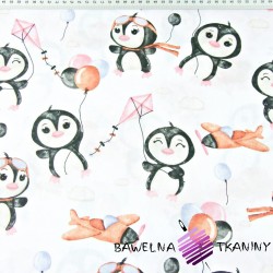 pingwiny z balonikami różowo brązowe na białym tle