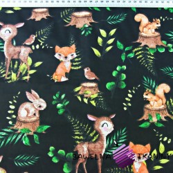Cotton Roe-deers and animals with fern leaves on a black background