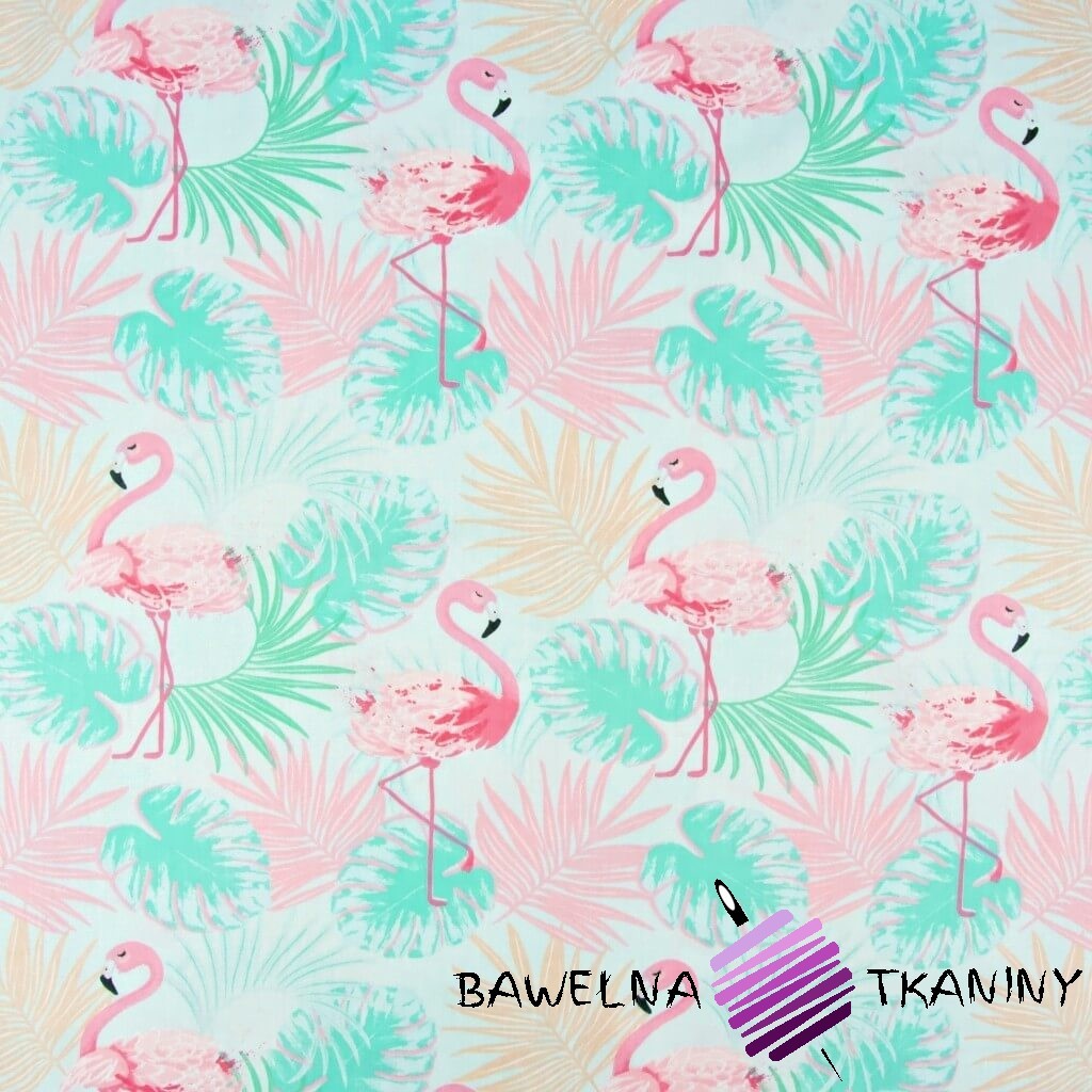 Cotton pastel pink mint flamingos on a light gray background