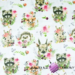 Cotton Forest animals in colorful wreaths on a white background