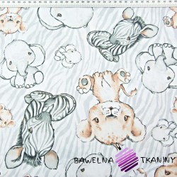 Cotton big Zebras, lion cubs and elephants on a white and gray background