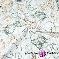 Cotton big Zebras, lion cubs and elephants on a white and gray background