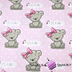 Flannel GIRL bears on a pink with a white dot background