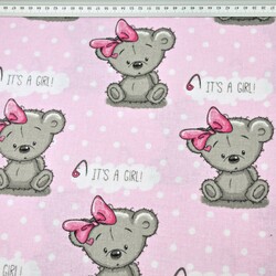 Flannel GIRL bears on a pink with a white dot background