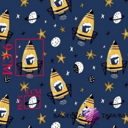 Cotton yellow space rockets on a navy blue background