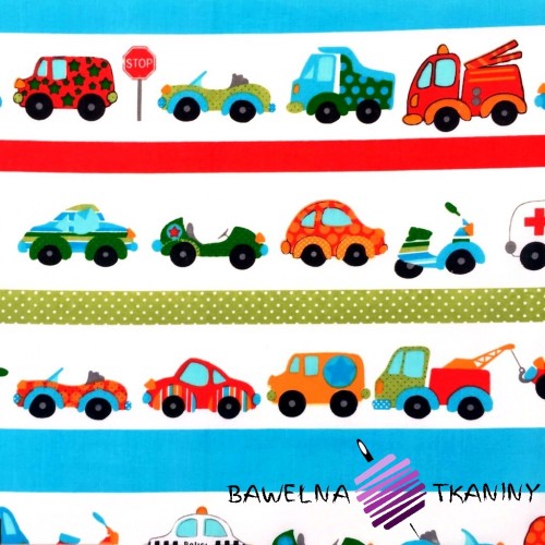 Cotton cars with blue & red stripes on ecru background