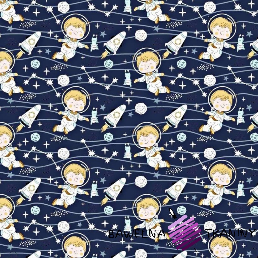 Cotton cosmonauts with rockets on a navy background