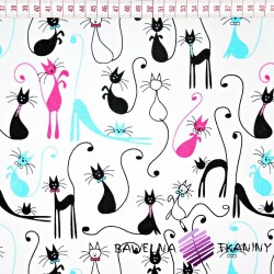 Cotton pink, black, turquoise cats on white background