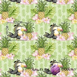 Cotton toucans with pineapple on green background