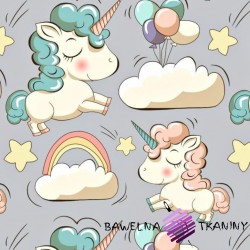Cotton unicorns with balloons on gray background