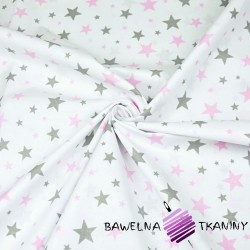 Tkanina w gwiazdki nowe małe i duże różowo szare na białym tle