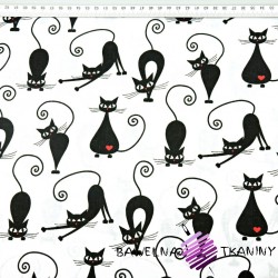 Bawełna kotki z serduszkami czarne na białym tle