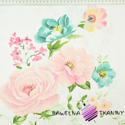 Cotton pink-turquoise roses flowers on white background