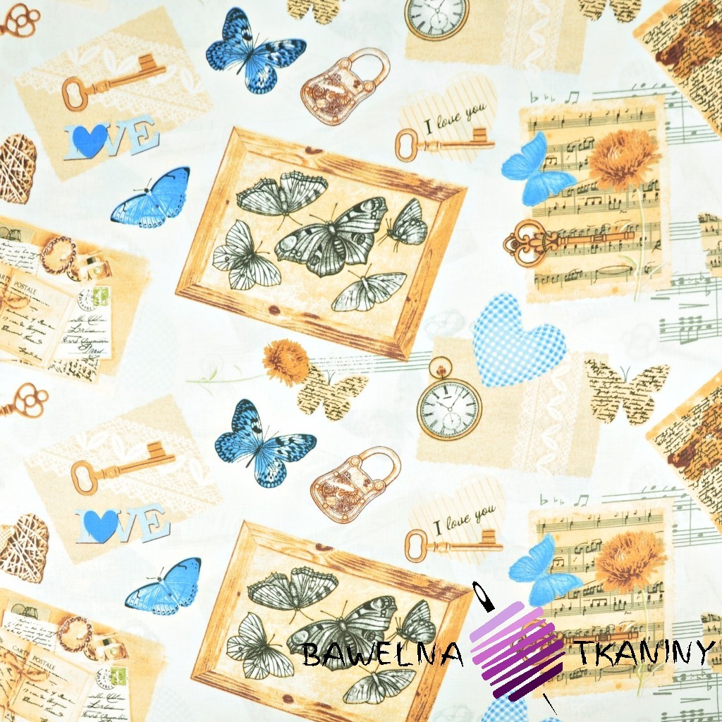 Cotton vintage souvenirs with blue butterflies on a white background