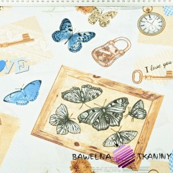 Cotton vintage souvenirs with blue butterflies on a white background
