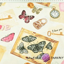 Cotton vintage souvenirs with pink butterflies on a ecru background