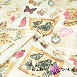 Cotton vintage souvenirs with pink butterflies on a ecru background