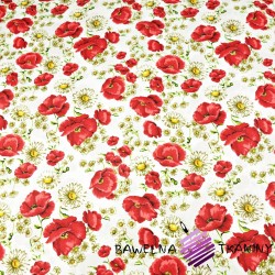 Cotton red poppies with chamomiles on white - 220cm