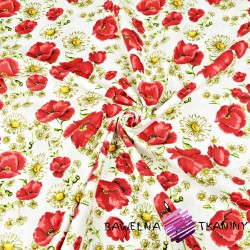 Cotton red poppies with chamomiles on white - 220cm