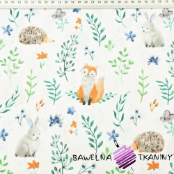 Cotton animals with blue twig on white background