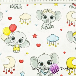 Cotton colorful elephants with clouds on a white background