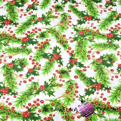 Cotton pattern Christmas red-green holly on a white background