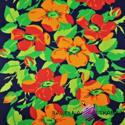 Tkanina leżakowa kwiatki pomarańczowo czerwone na granatowym tle
