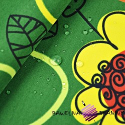 Waterproof fabric red & yellow flowers on green background
