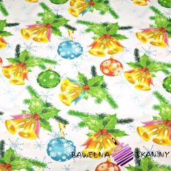 Cotton Christmas pattern with colorful bells on a white background