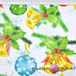 Cotton Christmas pattern with colorful bells on a white background