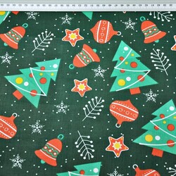 Cotton Christmas tree with baubles on dark green background