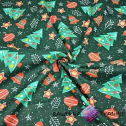 Bawełna wzór świąteczny choinki z bombkami na ciemno zielonym