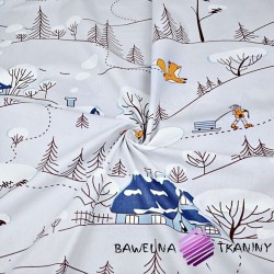 liski w zimie z niebieskimi domkami na szarym tle