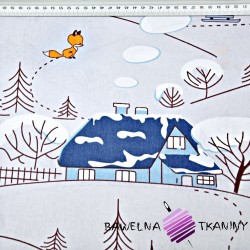 Cotton foxes in winter with blue houses on a gray background