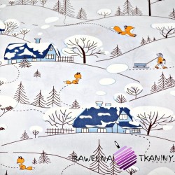 liski w zimie z niebieskimi domkami na szarym tle