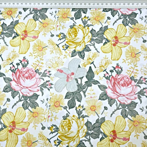 Cotton yellow-pink-gray roses and hibiscus flowers | fabric shop