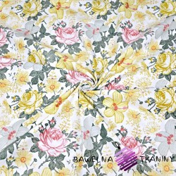 Cotton yellow-pink-gray roses and hibiscus flowers on white background