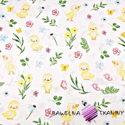Cotton Yellow ducklings with flowers on a white background