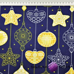 Cotton Christmas pattern with chains of baubles and stars on a navy blue background
