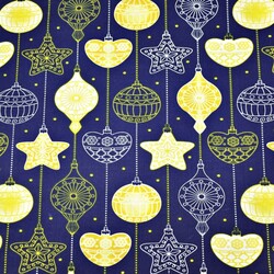 Cotton Christmas pattern with chains of baubles and stars on a navy blue background