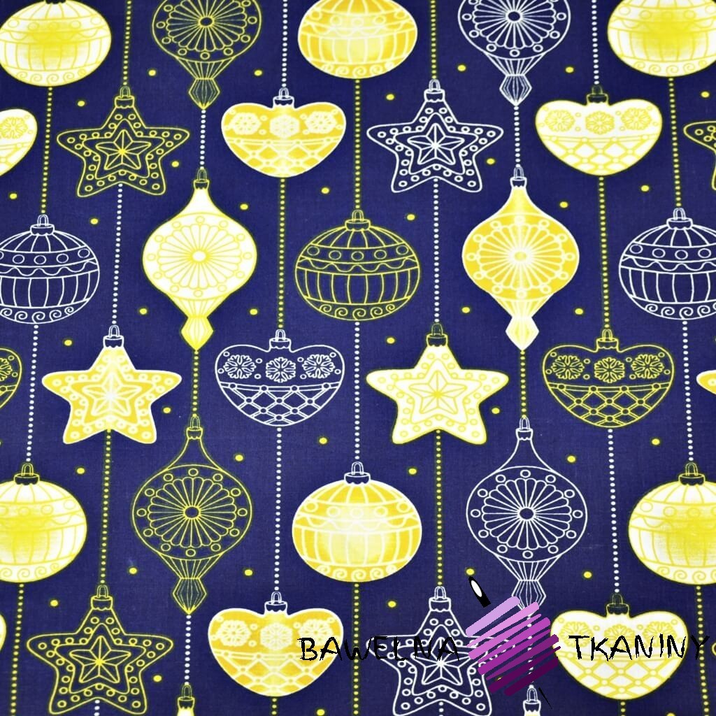 Cotton Christmas pattern with chains of baubles and stars on a navy blue background