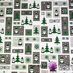 Cotton Christmas pattern patchwork gray and green Santa Clauses