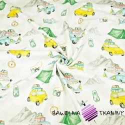 Cotton Cars at campground yellow-green on a white background